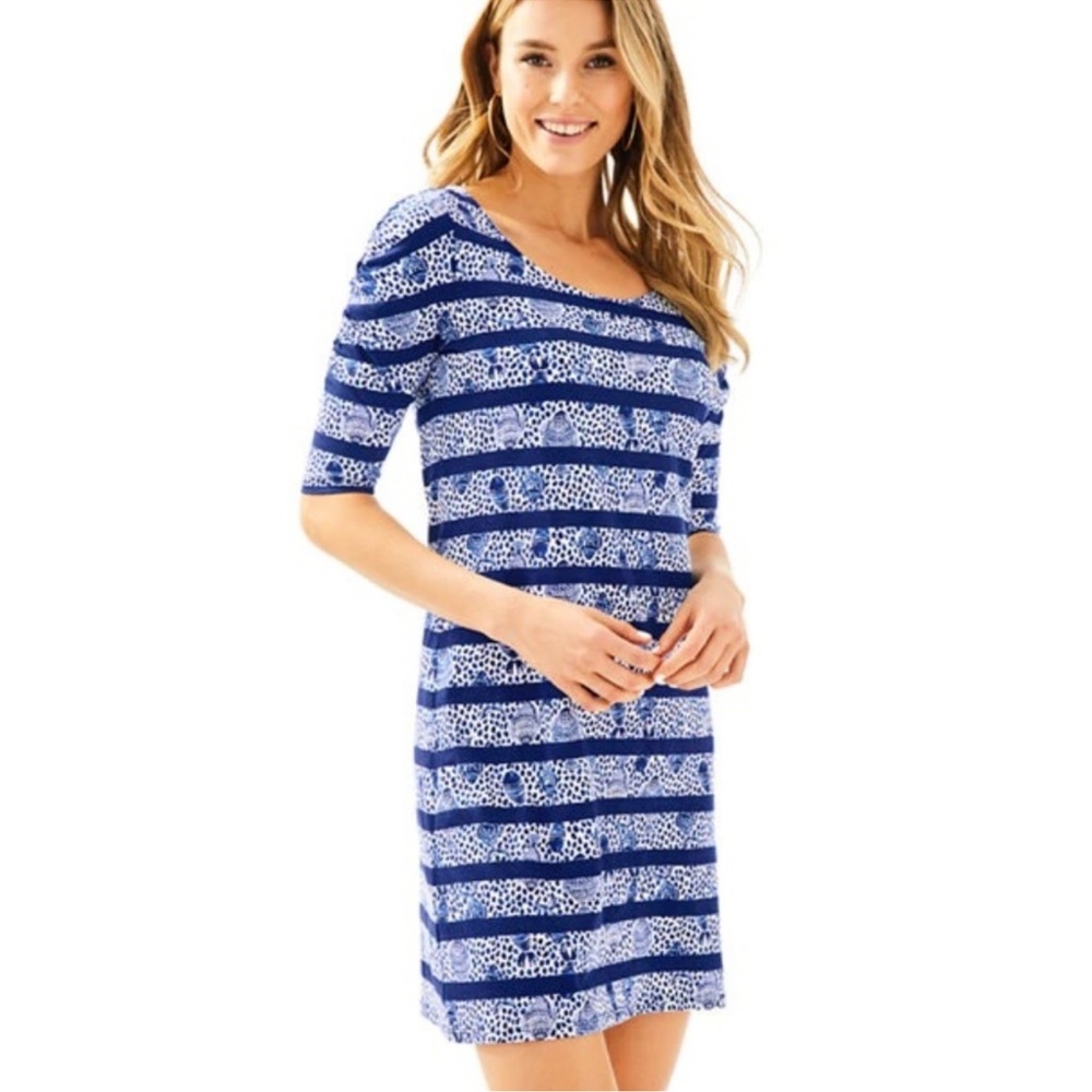 Lilly Pulitzer Lajolla Dress in High Tide Navy Heart and‎ Sole Stripe w/Fish M